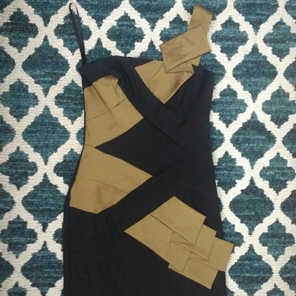Caché Satin Little Black & Gold Dress - Picture 1 of 7